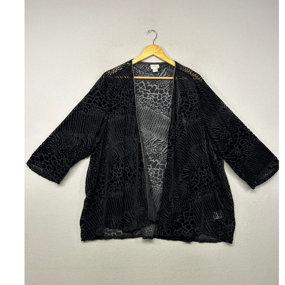 Animal Print Burnout Jaclyn Smith Woman 3X Black Sheer Velvet Open Cardigan